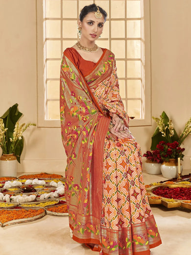 Astonishing Orange Ikkat Printed Cotton Office Wear Saree With Blouse